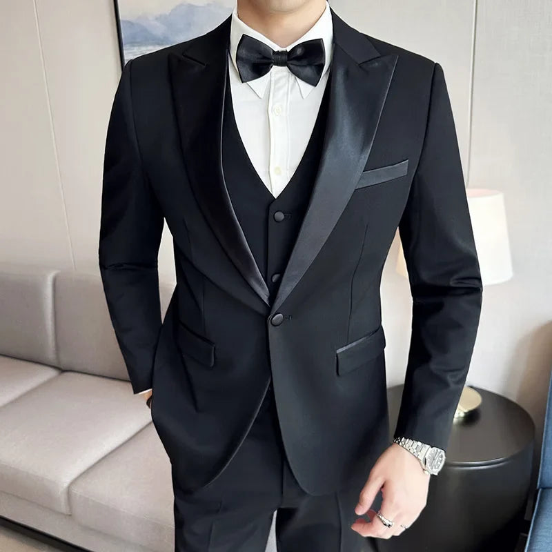 Men's Slim Fit Wedding Suit – Jacket, Vest & Pants | Smart Casual Black Tuxedo for Groom
