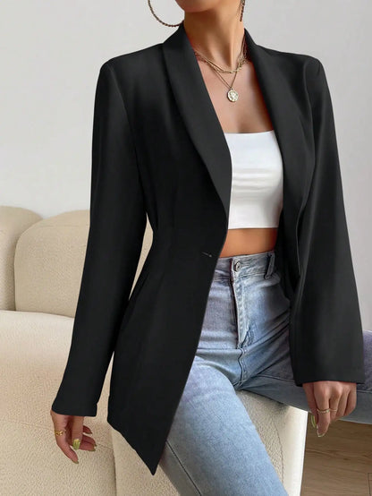 Womens Solid Color Classic Blazer Long Sleeve Single Button Slim Fit Office Work Jacket Autumn Spring Formal Outerwear