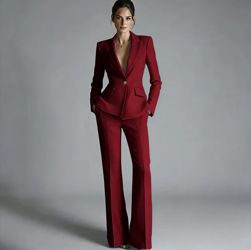 Elegant Women's One-Button Jacket+Pants Suit Set Classic Pink Peaked Lapel 2 Piece Formal Business Wedding Guest Outfit