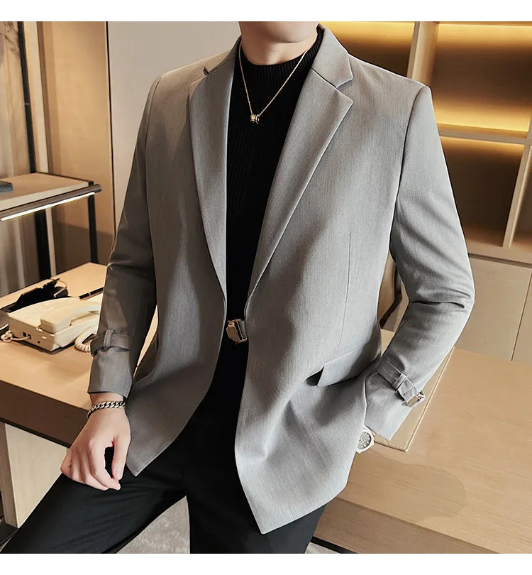 Men's Slim Fit Blazer Metal Buckle Decoration Smart Casual Wedding Party Jacket