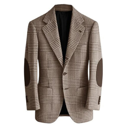 Retro British Plaid Men's Blazer with Elbow Patches Slim Fit Business Casual Tweed Suit Jacket for Office Daily Wear Sport Coats