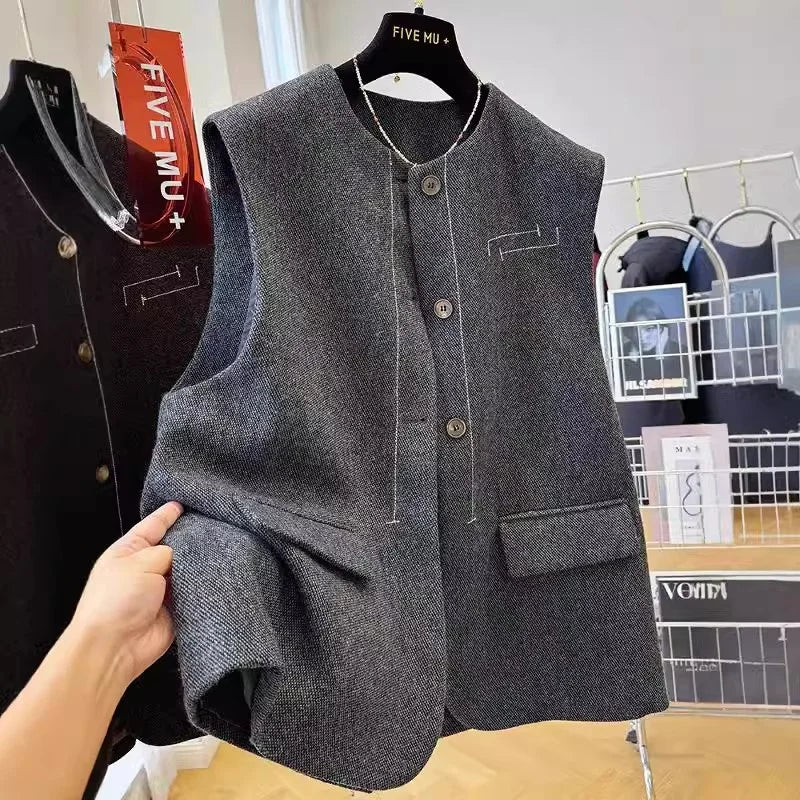 Spring Autumn Lady Fashion Sleeveless Jacket Women High End Casual Vest Outwear Korean Female Round Neck Cardigan Waistcoat Coat