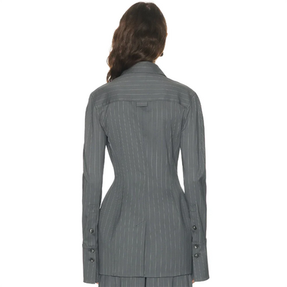 Chic Grey Pinstripe Women's Blazers and Suit Sets Tailored Slim Fit 2 Piece Set Jacket Wide Leg Pants Formal Office Lady Outfit