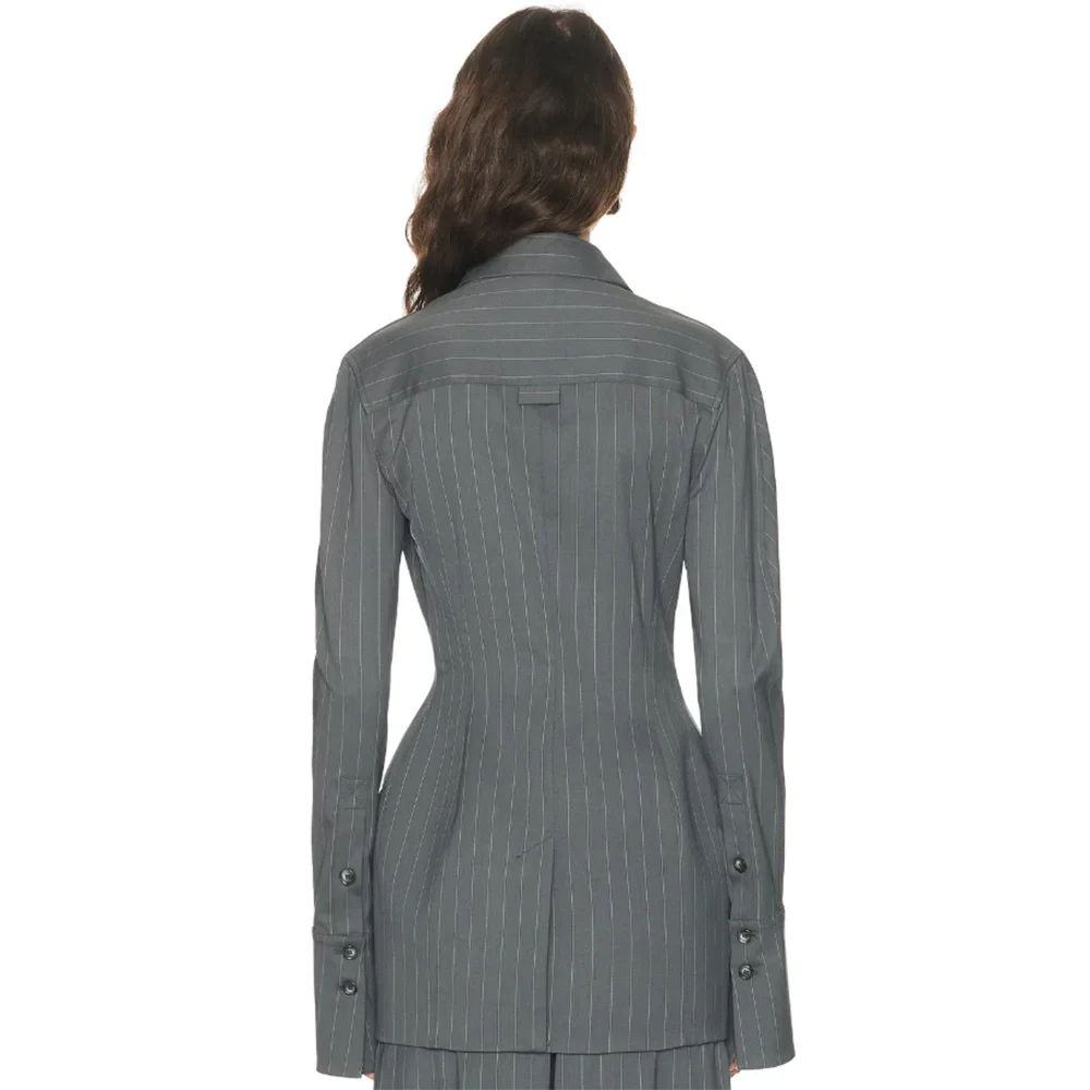 Chic Grey Pinstripe Women's Blazers and Suit Sets Tailored Slim Fit 2 Piece Set Jacket Wide Leg Pants Formal Office Lady Outfit
