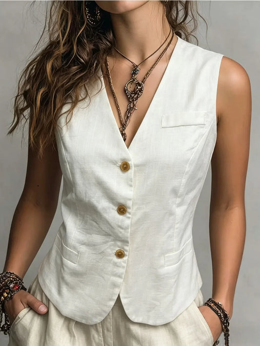 Women's Spring Summer Autumn Commute Vest, Minimalist V‑Neck Elegant Casual Waistcoat, Versatile Slim‑Fit Vest with Fake Pockets