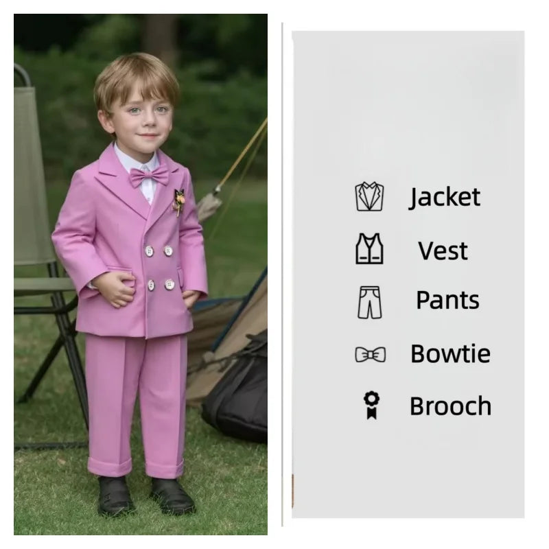 Flower Boys Wedding Outfit Kids Spring Autumn Jacket Vest Pants Bowtie Brooch 5Pieces Suit Set Children's Performance Costume