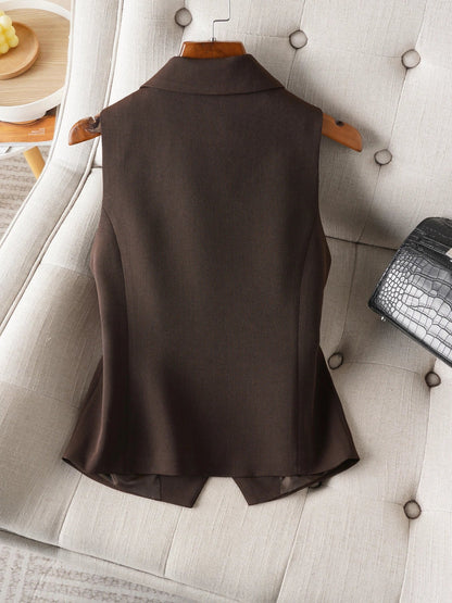 Brown Suit Vest for Women Spring and Autum Short Single-Breasted Slim Workplace Elegant Sleeveless Top Jacket