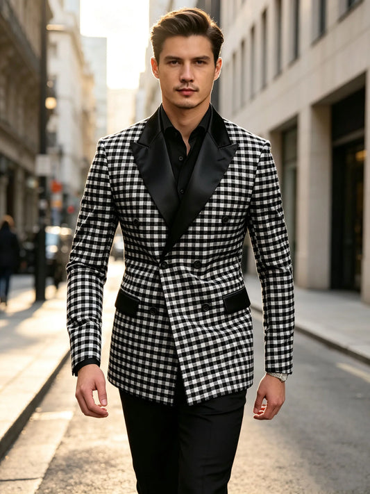100% Cotton Men's Plaid Jacket Black Patchwork Collar Double Breasted Man Jacket Business Slim Fit Coat For Office Wedding Daily