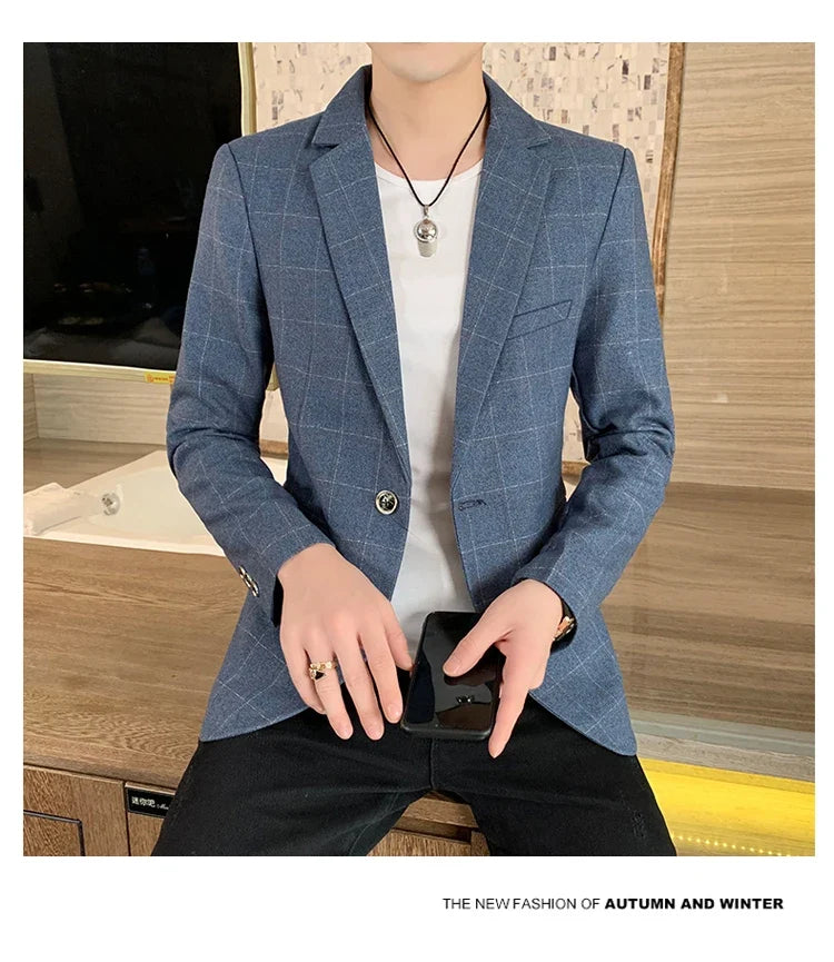 Men's  Slim Fit Business Suit Jacket Casual High-End Polyester Korean Style Top for Handsome Fashionable Look