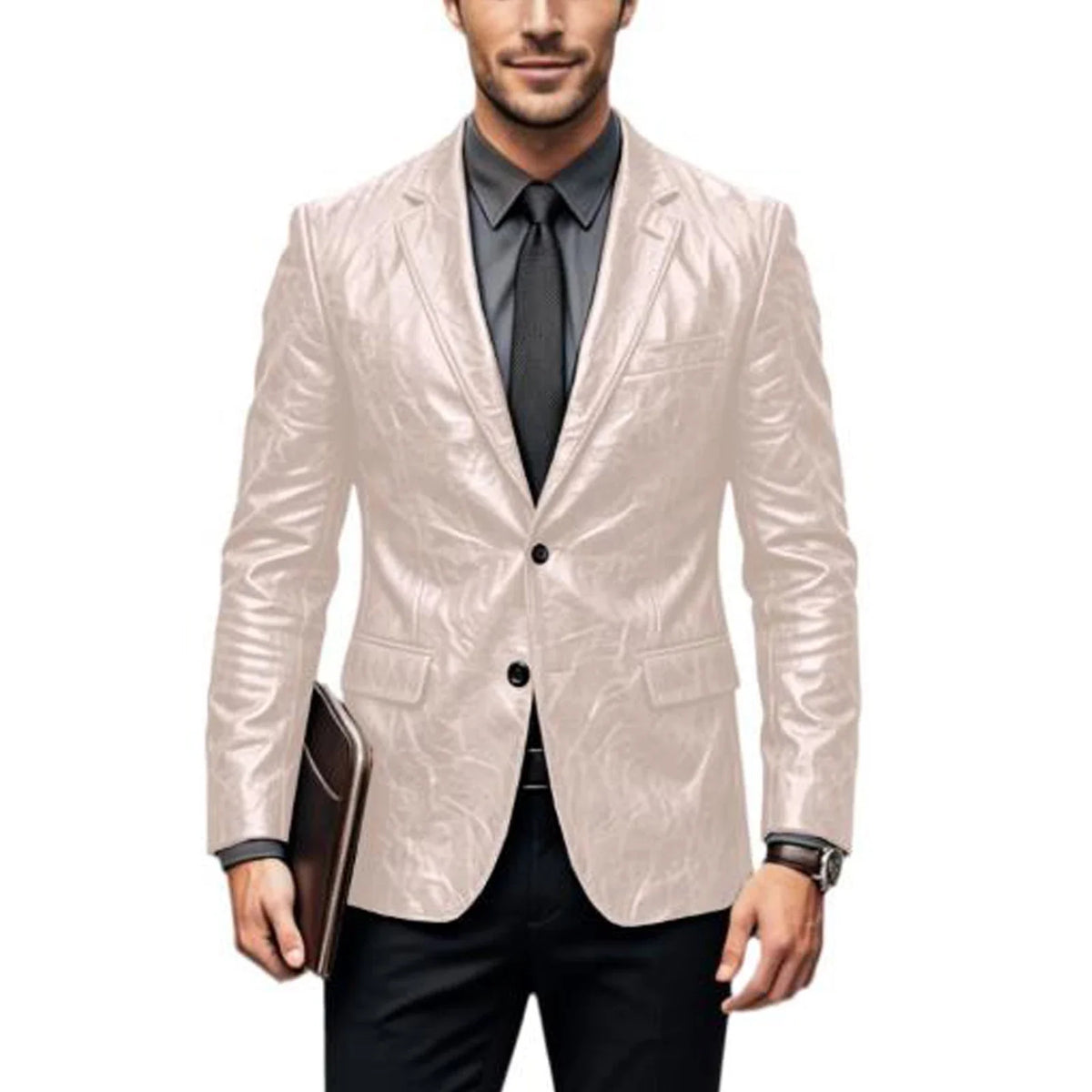Vintage Wrinkled Men's PU Leather Blazer Slim Fit Notched Lapel Business Suit Jacket Two Button Casual Sport Coats for Office
