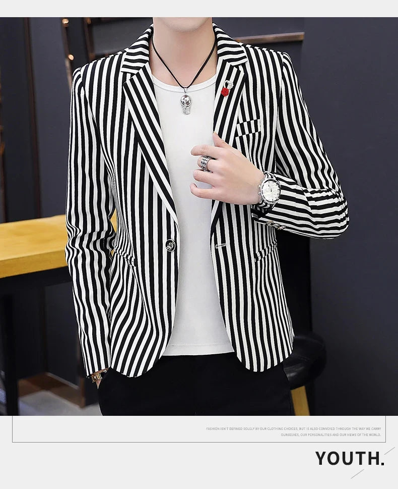 Men's Slim Fit Striped Casual Suit Jacket Korean Fashion Four Seasons New Boutique Handsome Small Suit