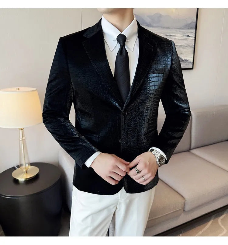 2026 Crocodile Patterned Leather Suit Jacket Men Slim Fit Business Casual Leather Jacket Wedding Groom Party Work Men Blazers