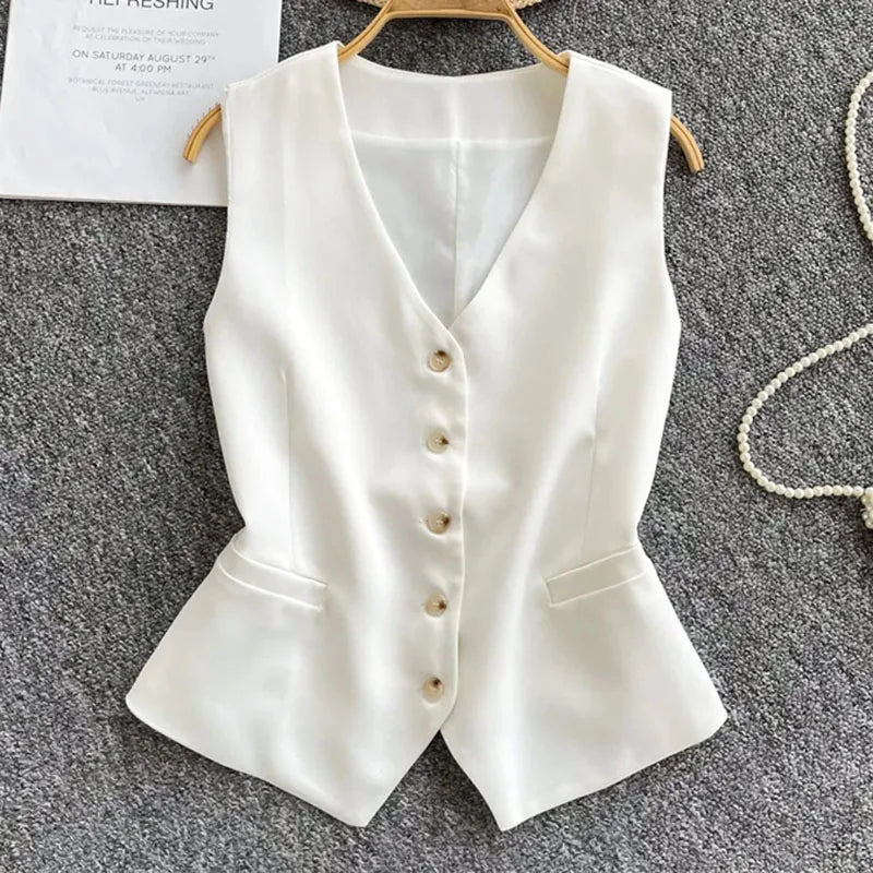 Summer Women V-neck Suit Sleeveless Jacket Femme Casual Short Waistcoat Top Korean Ladies Fashion Solid Color Cardigan Vest Coat
