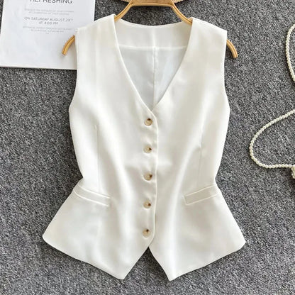 Summer Women V-neck Suit Sleeveless Jacket Femme Casual Short Waistcoat Top Korean Ladies Fashion Solid Color Cardigan Vest Coat