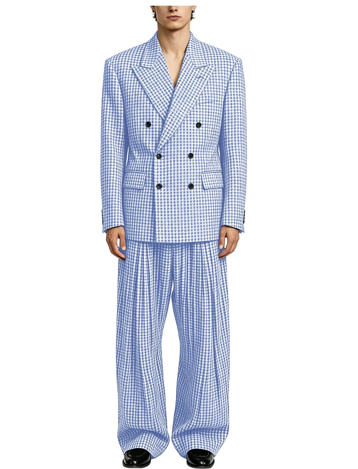 Men's Thin 2 Piece Suit Double Breasted Peak Lapel Blazer Wide Straight Leg Pants Summer Formal Set For Wedding Party