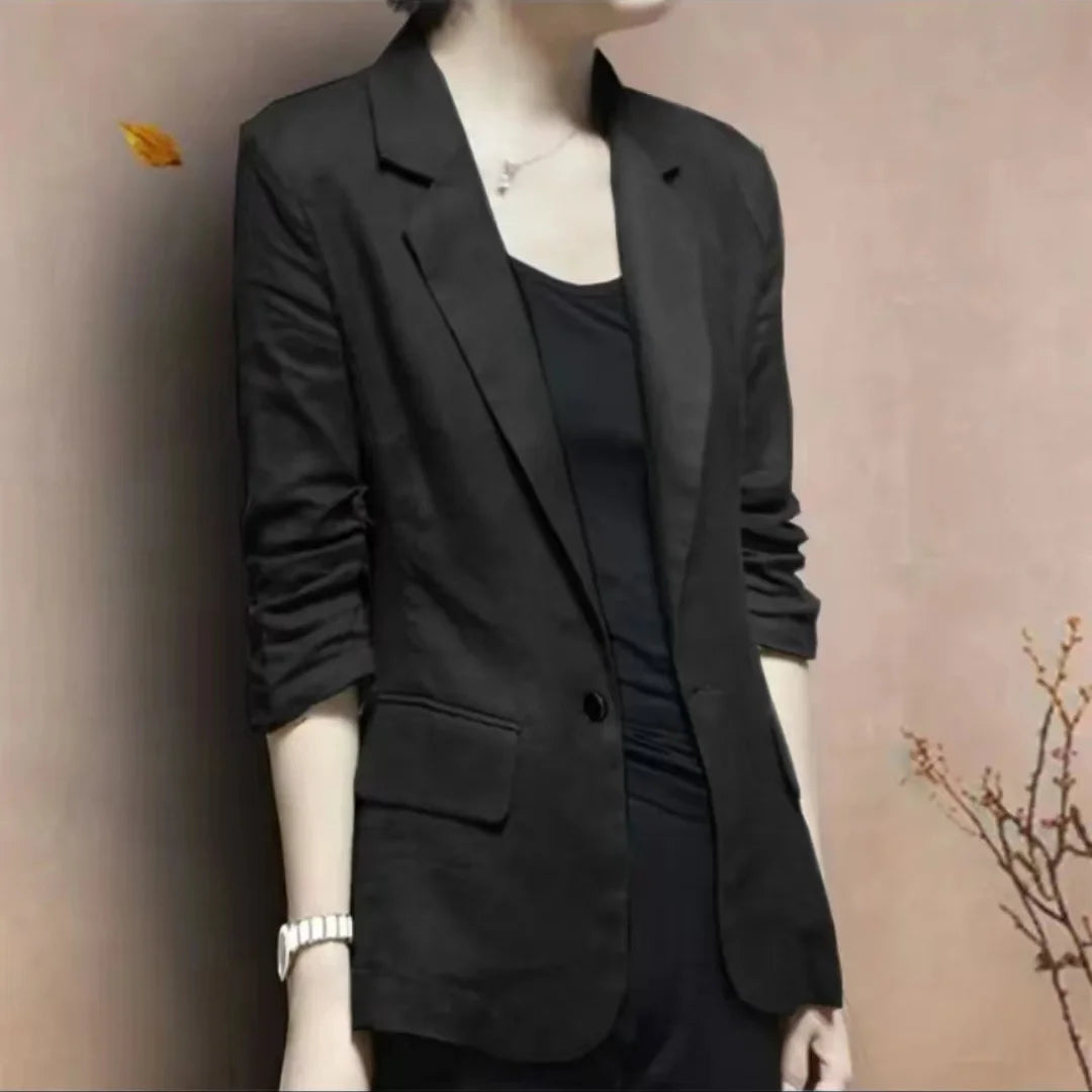 Women's Linen Blazer Casual Slim Fit Single Button Notched Lapel Lightweight Suit Jacket