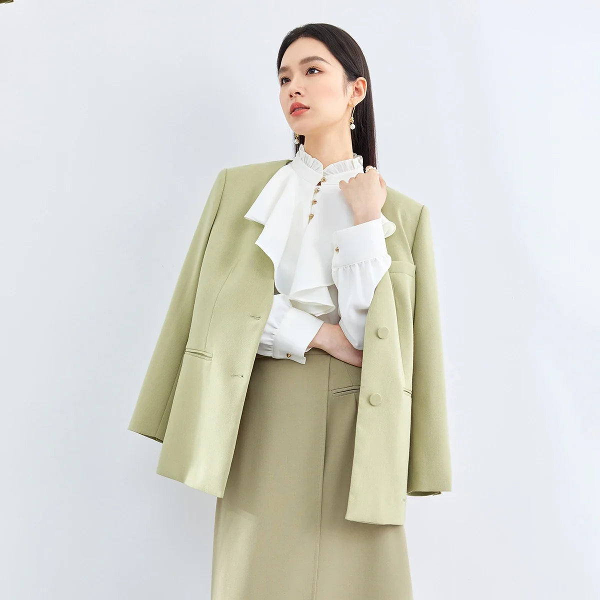 Women Blazer Khaki Green Suit Jacket 2026 Spring V Neck Office Lady Long Sleeve Outerwear Woman Clothes 141X52951