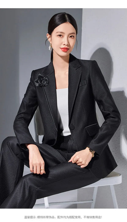 Women Blazer Pants Sets Apricot Appliques Two Pieces 2024 Autumn Work wear Trousers Formal Solid Color Long Sleeve Tops Pantsuit