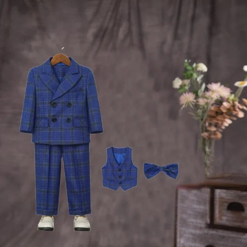 Boys 4Pieces Brown Plaid Wedding Outfit With Jacket Vest Pants Bowtie Kids Formal Wear for Piano Host Speech Performance