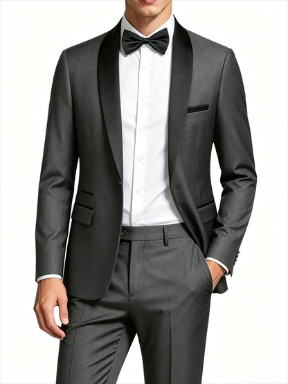 Men's 2-Piece Slim Fit Tuxedo Suit – Black Satin Shawl Lapel for Wedding, Prom & Formal Events