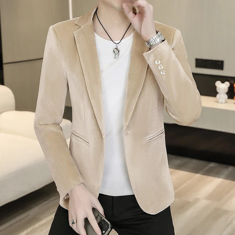 Blazer: An Outdoor Fashion Business Gentleman Wedding Host Slim-fit Casual Korean-style Youthful Men's Golden Velvet Blazer
