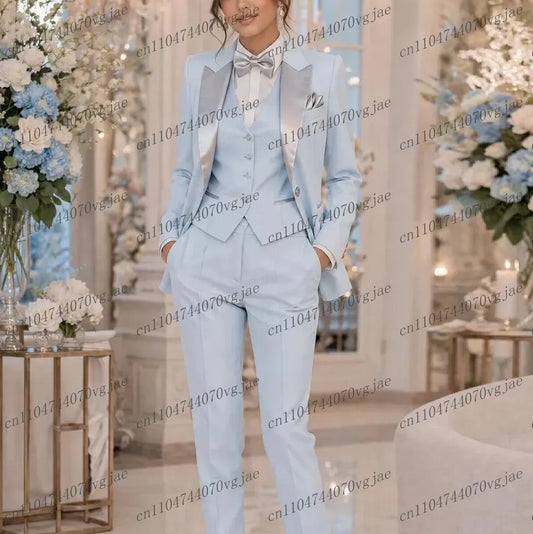 Light Blue Formal Business Women Suit Wedding Party Prom Ladies Mother Girl Tuxedos Costume 3 Piece Set Blazer Vest Pants