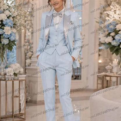 Light Blue Formal Business Women Suit Wedding Party Prom Ladies Mother Girl Tuxedos Costume 3 Piece Set Blazer Vest Pants