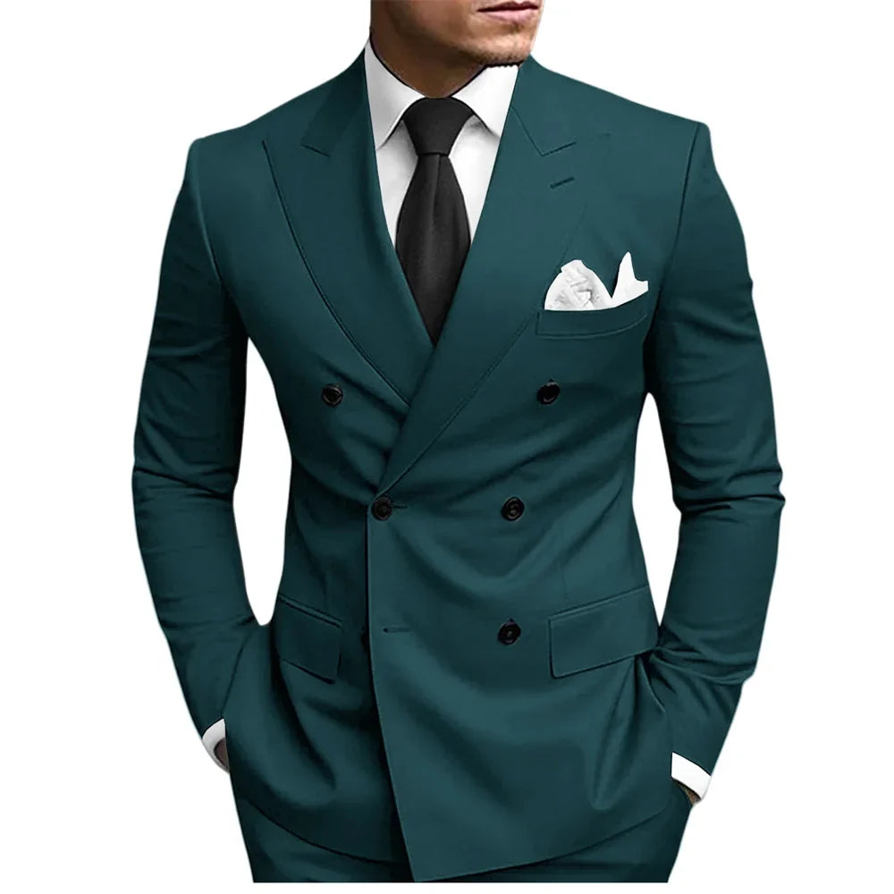Classic Solid Suit Set 2 Pieces Jacket Pants For Men Wedding Groom Sets Double Breasted Men's Suits Banquet Tuxedo Wear XS-5XL