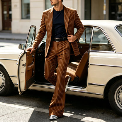 Men's Suit 2-Piece Slim Fit Pinstripe Blazer & High Waist Flared Pants for Business Casual and Formal Occasions