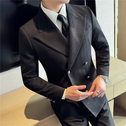 Autumn Winter Thickened Woolen Suit Jacket Men Double-breasted Casual Business Blazers Slim Fit Wedding Social Dress Coat M-4XL