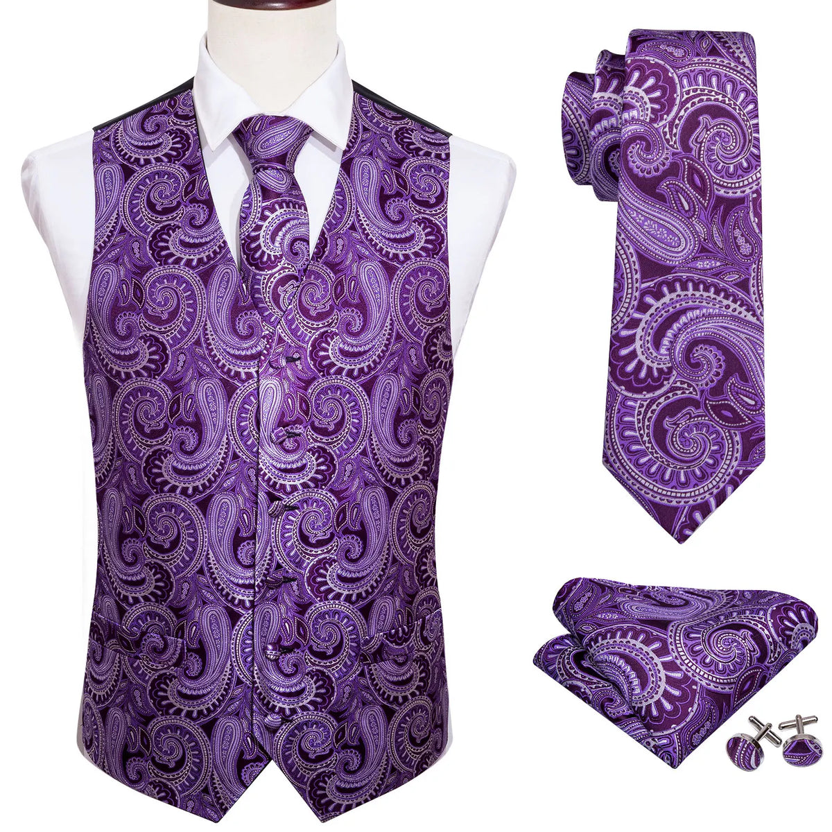 Men's Waistcoat Purple Embroidered Silk Vest with Tie and Pocket Square for Weddings and Formal Events