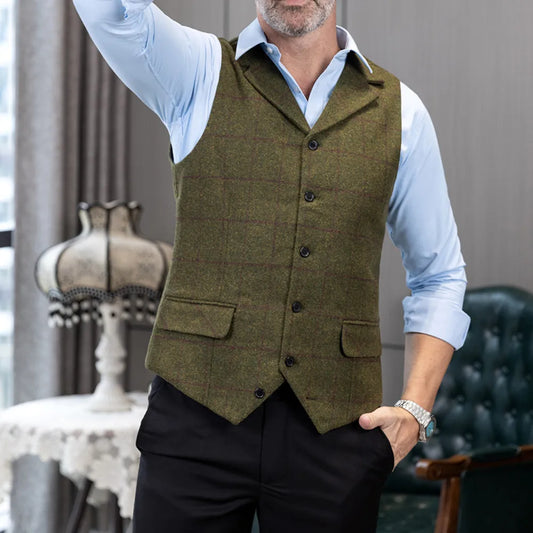 Men's Herringbone Tweed Suit Vest – Lapel Single Breasted Waistcoat for Wedding & Formal Occasions