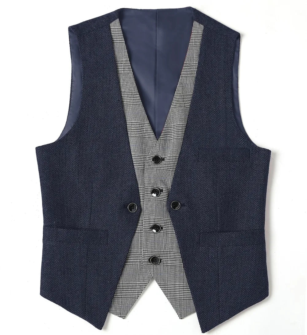Men's Herringbone Vest – V-Neck Single Breasted Waistcoat for Weddings & Formal Events