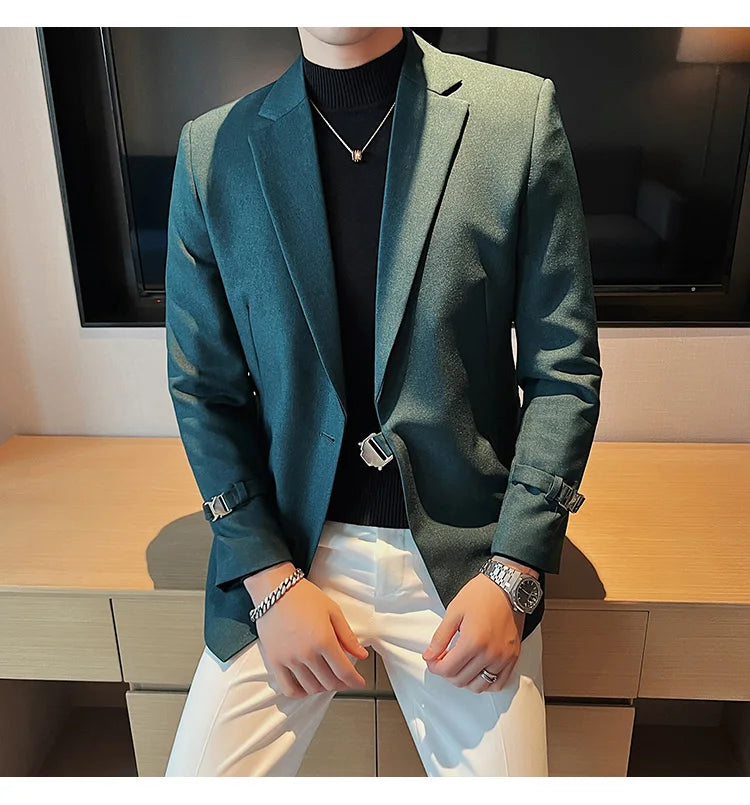 Men's Slim Fit Blazer Metal Buckle Decoration Smart Casual Wedding Party Jacket