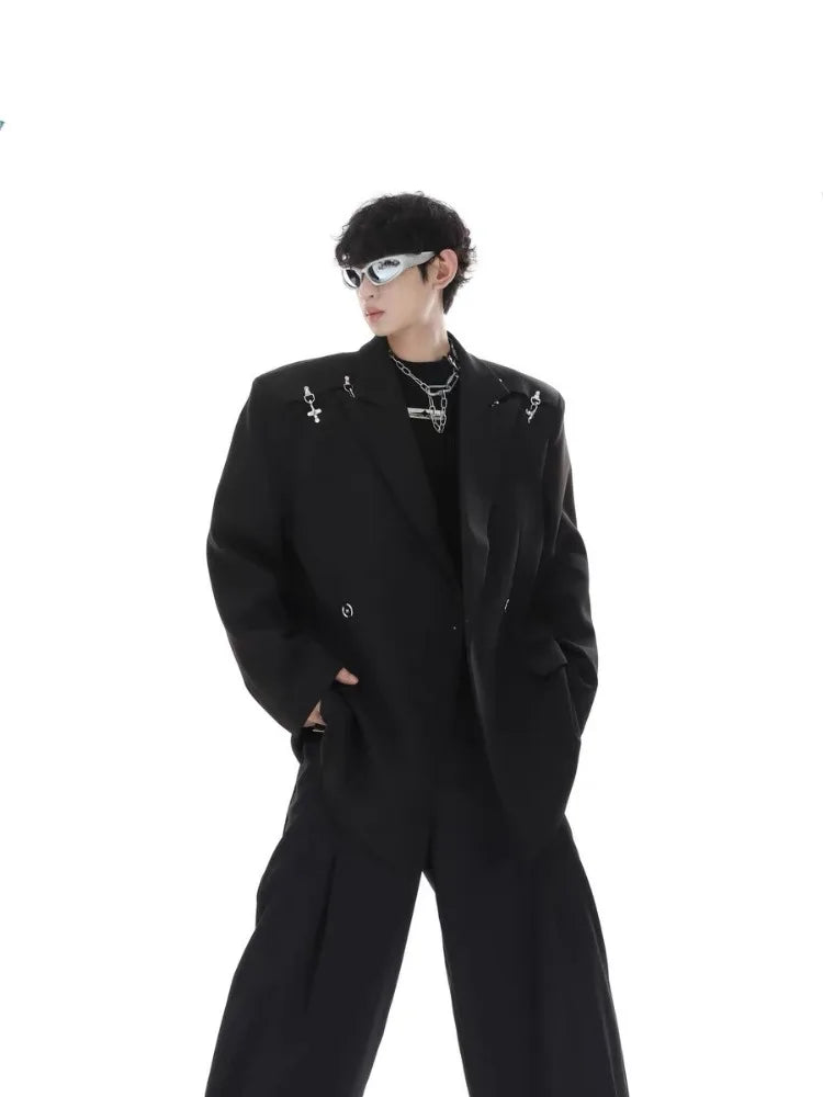 Men's Premium Korean Style Single-Breasted Casual Blazer Set Autumn Trendy Split-Design Loose Fit Elegant Jacket Outerwear