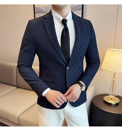 2024 Spring Plaid Blazers Men Single Breasted Casual Business Suit Jacket Fashion Slim Social Banquet Wedding Groom Dress Coats