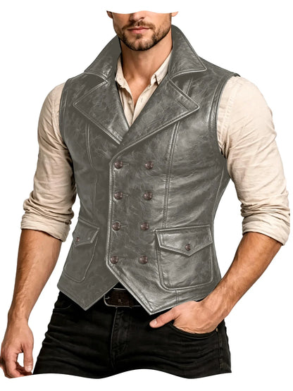 Men's Faux Leather Waistcoat Vintage Double Breasted Slim Fit Vest for Casual & Streetwear