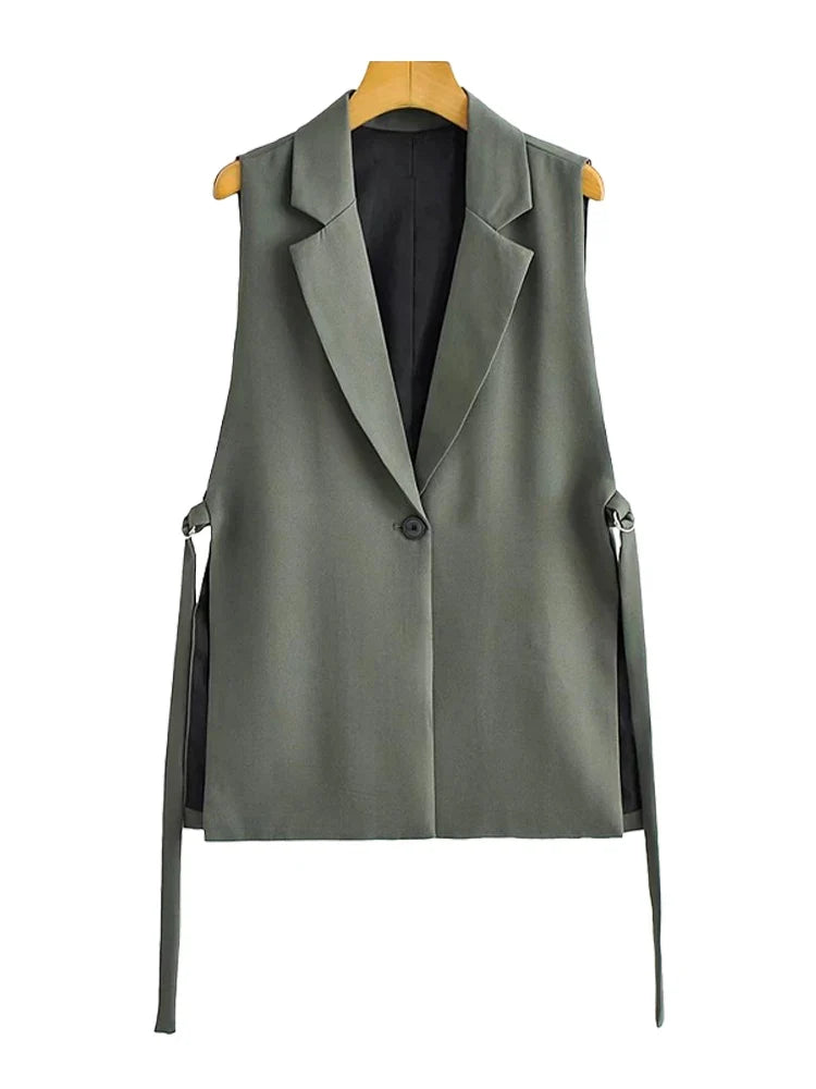 Women Fashion With Taps Side Vents Waistcoat Vintage Sleeveless Front Button Female Outerwear Chic Vest Tops