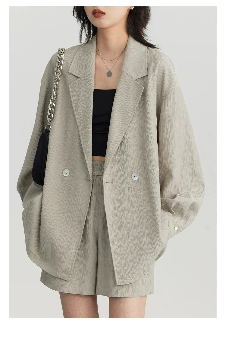Women's Blazer Solid Casual Long Sleeve Jacket Texture Thin Suit Coat Shorts Office Lady Tops 2023 Summer New Fashion