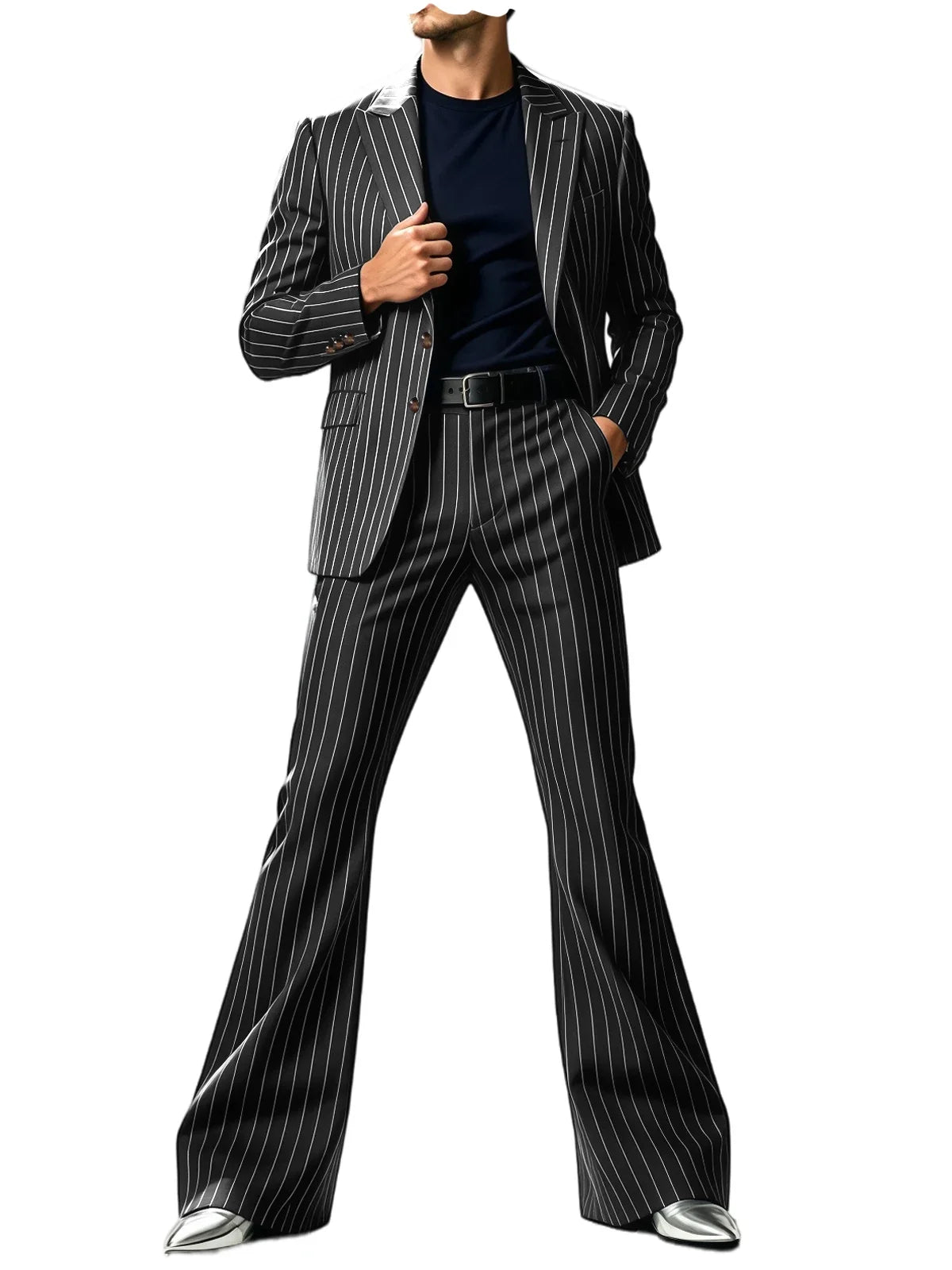 Men's Suit 2-Piece Slim Fit Pinstripe Blazer & High Waist Flared Pants for Business Casual and Formal Occasions