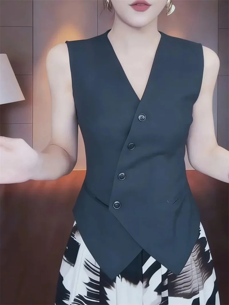 Korean Ladies Fashion Solid Color Cardigan Vest Coat Summer Women V-neck Suit Sleeveless Jacket Femme Casual Short Waistcoat Top