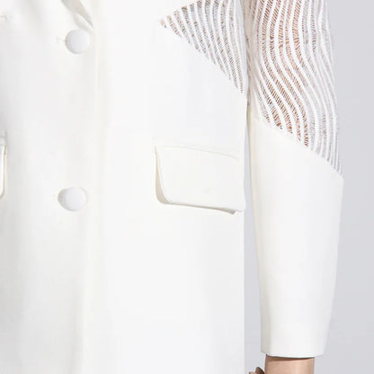 Spring Autumn New Women Blazer Hollow Out Sheer Lace Patchwork Single Breasted Long Sleeves Trend Elegant Sexy Coat HK18271