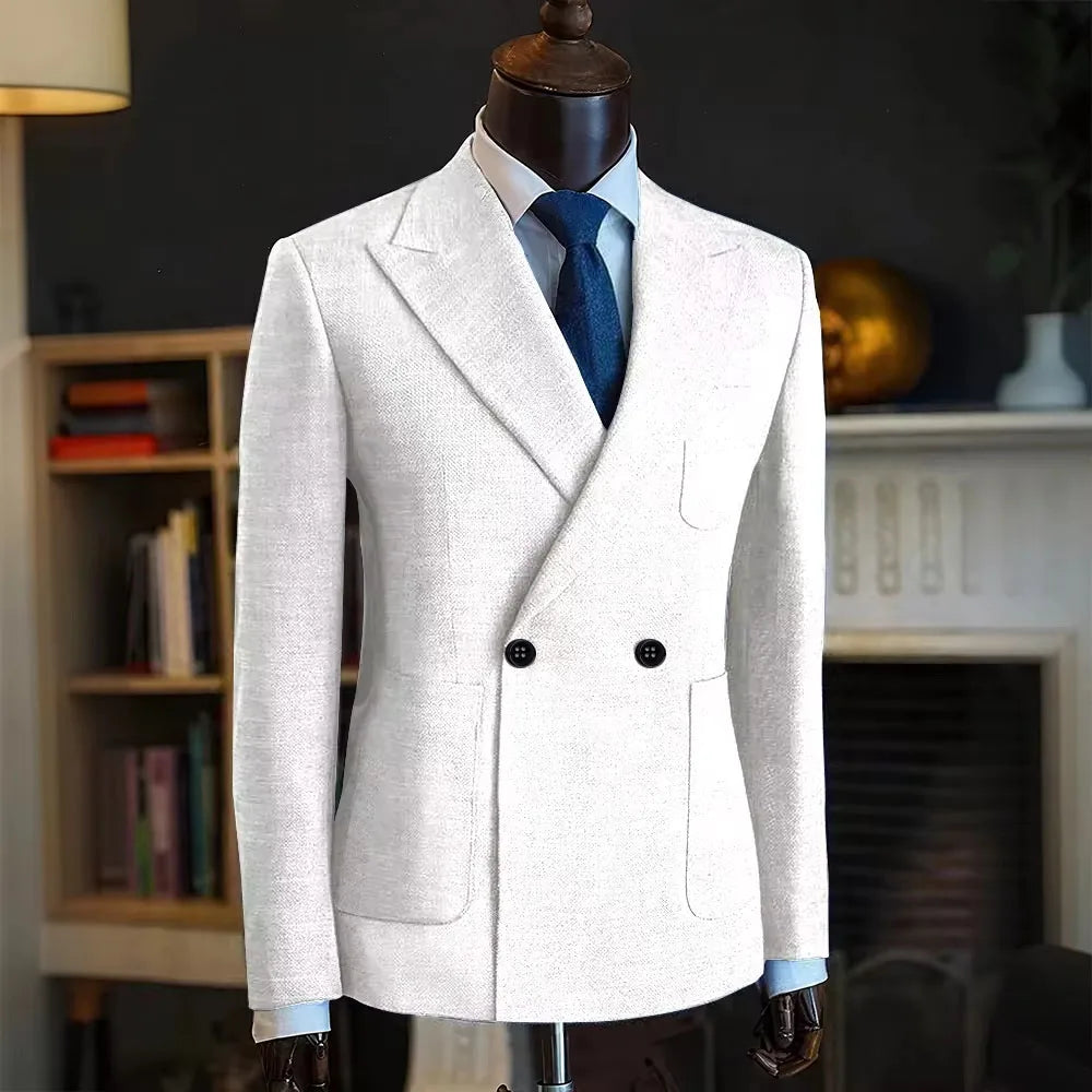 Classic Men Linen Blend Suit Blazer Double Breasted Peak Lapel Man Formal Jacket  Business Slim Fit Lightweight Coat For Wedding