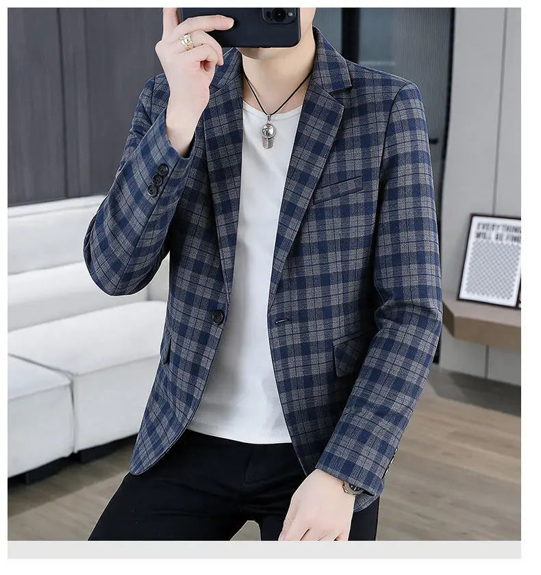 Men's Smart Casual Plaid Blazer – Single Breasted, Slim Fit, Spring Autumn