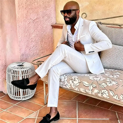 Summer Men's Linen Blend Suit 2 Pieces Slim Fit Casual Lightweight Jacket Pant Set for Party Business Wedding Prom Daily Wear