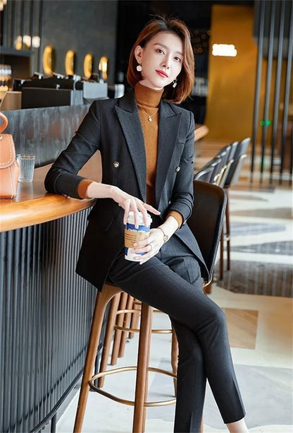Elegant Office Ladies Two Piece Sets Womens Outifits 2025 New Double Breasted Long Sleeve Blazers Loose Casual Pant Suits