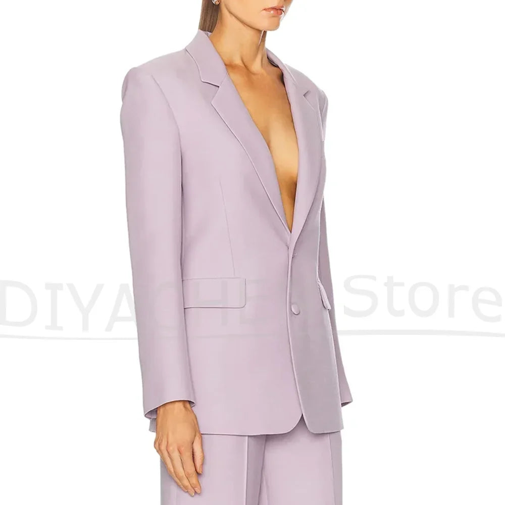Women's Lavender Suit Set Elegant Single Breasted Notch Lapel Outfit Fashion Lady Office Daily Casual Party Suits Two Piece