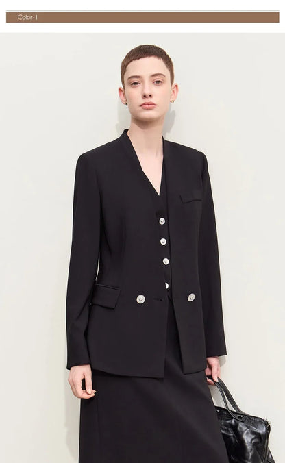 Minimalism Blazers For Women 2026 Autumn New Commuter V-neck Heart-shaped Buckle Shoulder-pad Professional Jackets 12453042