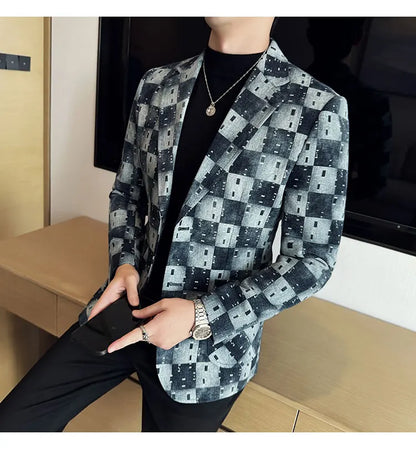 Korean Jacquard Denim Jacket for Men Autumn Winter Casual Business Men Blazers Slim Fit Wedding Social Dress Coat Men Clothing