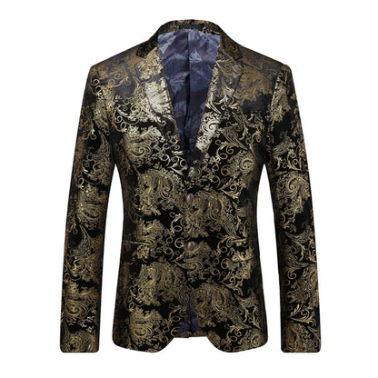 Men's Suit Jacket Black Gold Floral Applique Single Button for Wedding Party Performance